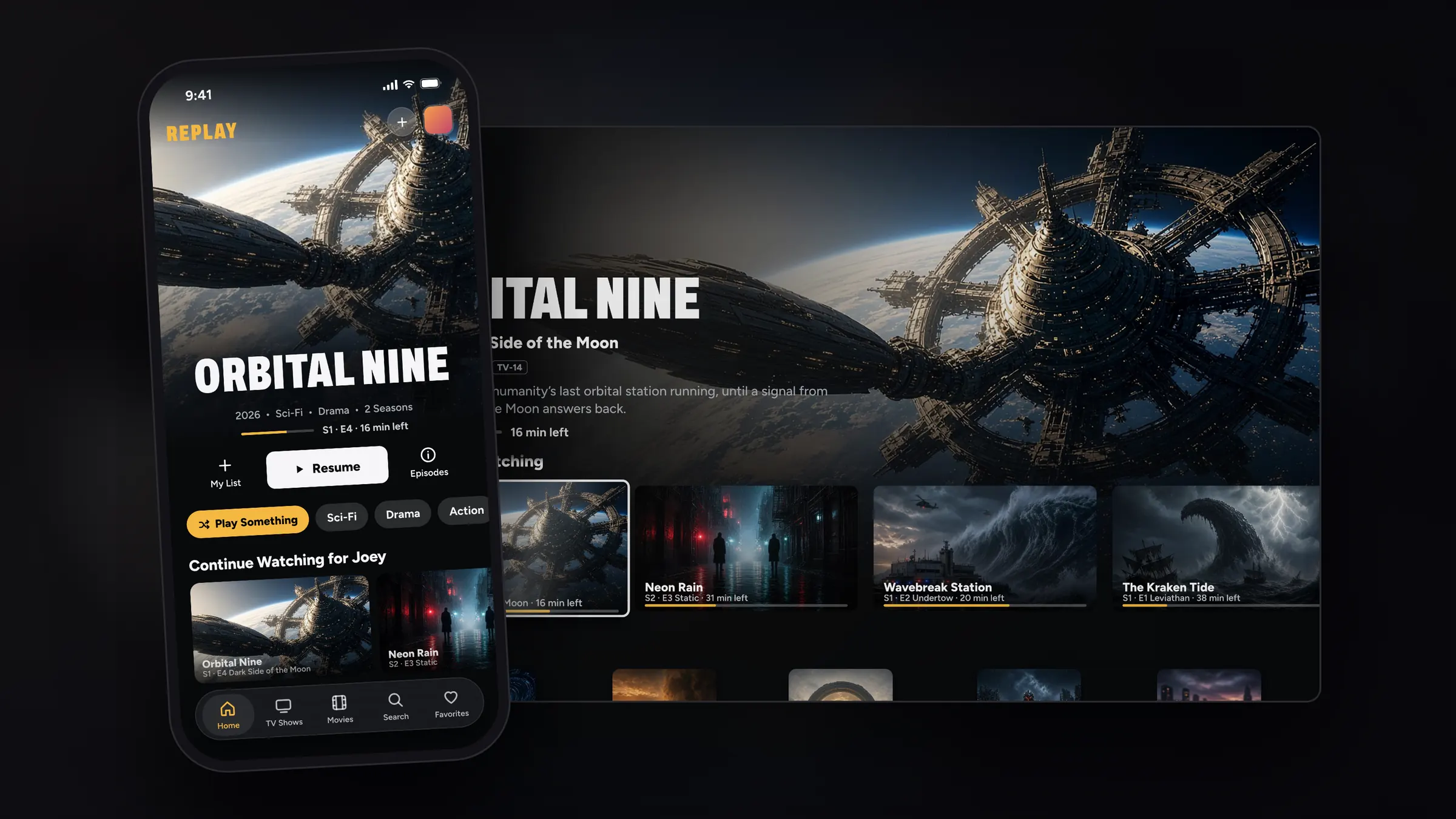 The new Home on iPhone and Apple TV: Orbital Nine fills the screen, with Resume, Episodes and Continue Watching below