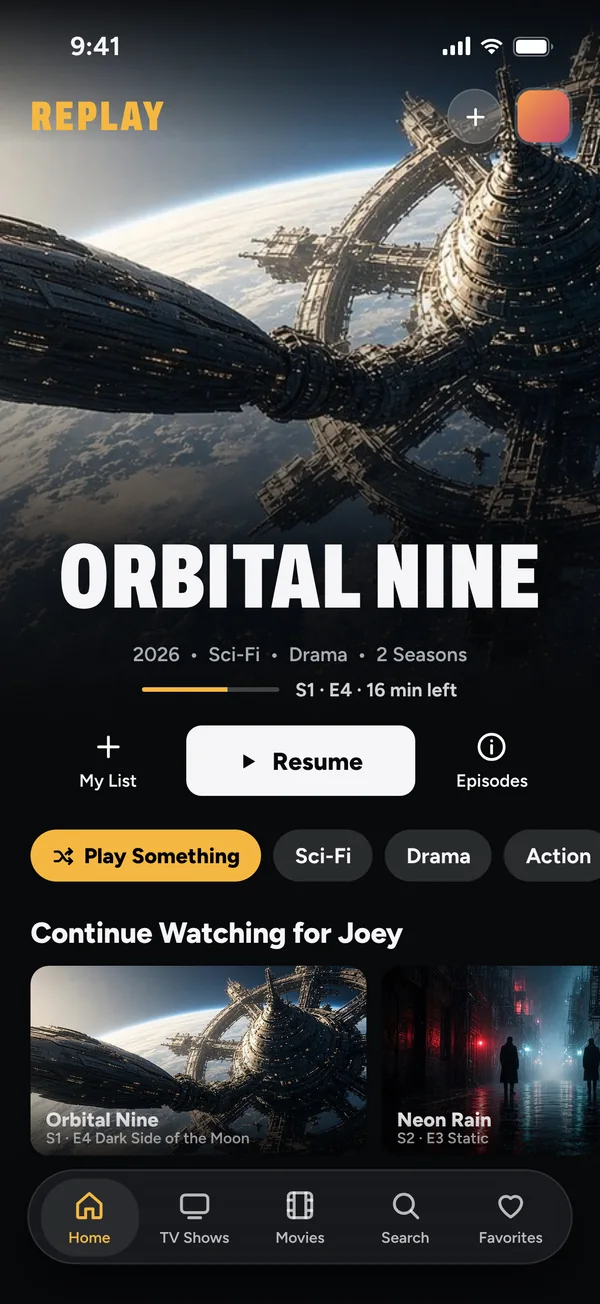 REPLAY Home on iPhone, with Orbital Nine filling the top of the screen